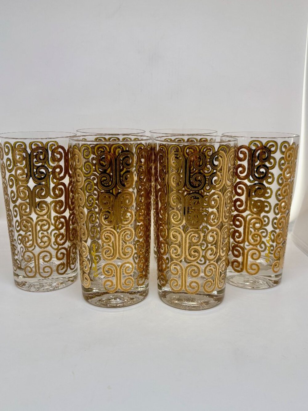 Rare MCM Fred Press "Gold Scroll" Highball Glasses - Set of 6